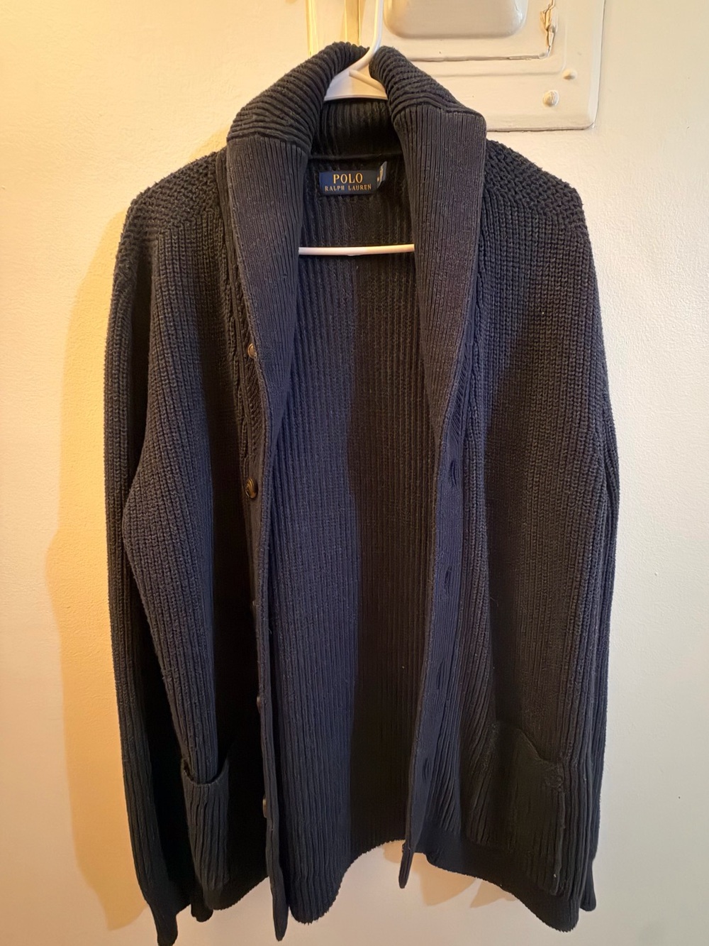 Ralph Lauren Navy Shawl-Collar Ribbed Button Cardigan